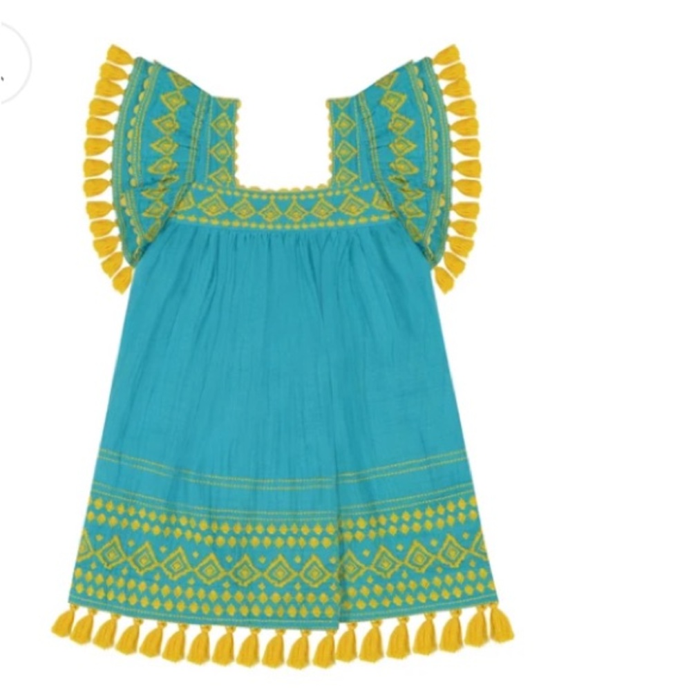 Mer St. Barth Serena Tassel Dress in Etheral Blue Yellow Tassels size 6